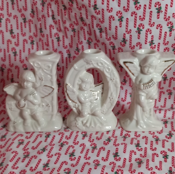 Holiday White Porcelain Gold Gilded Candle Holders JOY Angels Cherubs. - Picture 1 of 9